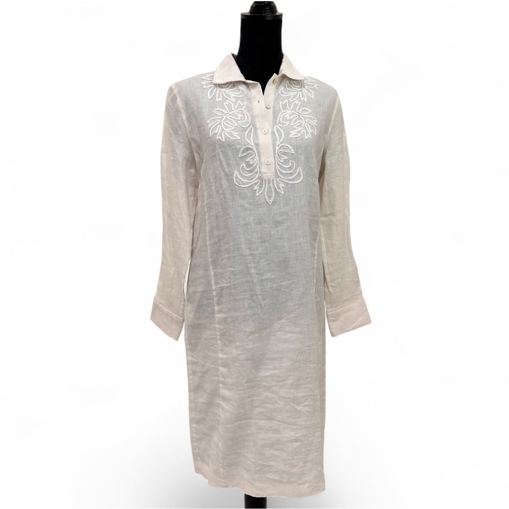 NEW Talbots Cream 100% Linen Beaded Shirt Dress Long Sleeve Dress Women's 12 P